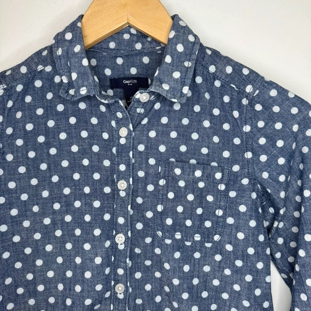 GAP Kids Polka Dot Chambray Cotton Button Up Shirt Girls Large 10 11 Preppy EUC
